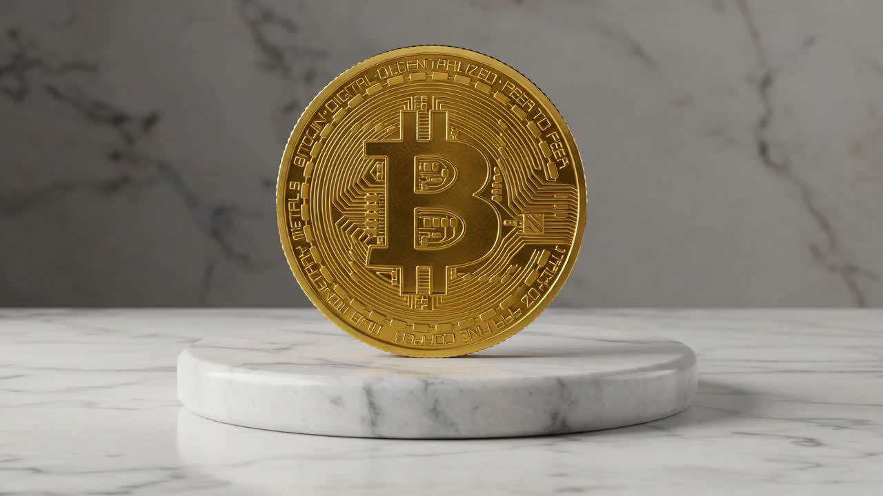 A Captivating Glimpse of Bitcoin: Exploring the Golden Cryptocurrency Symbol on a Marble Base, Highlighting the Future of Digital Finance and Investments