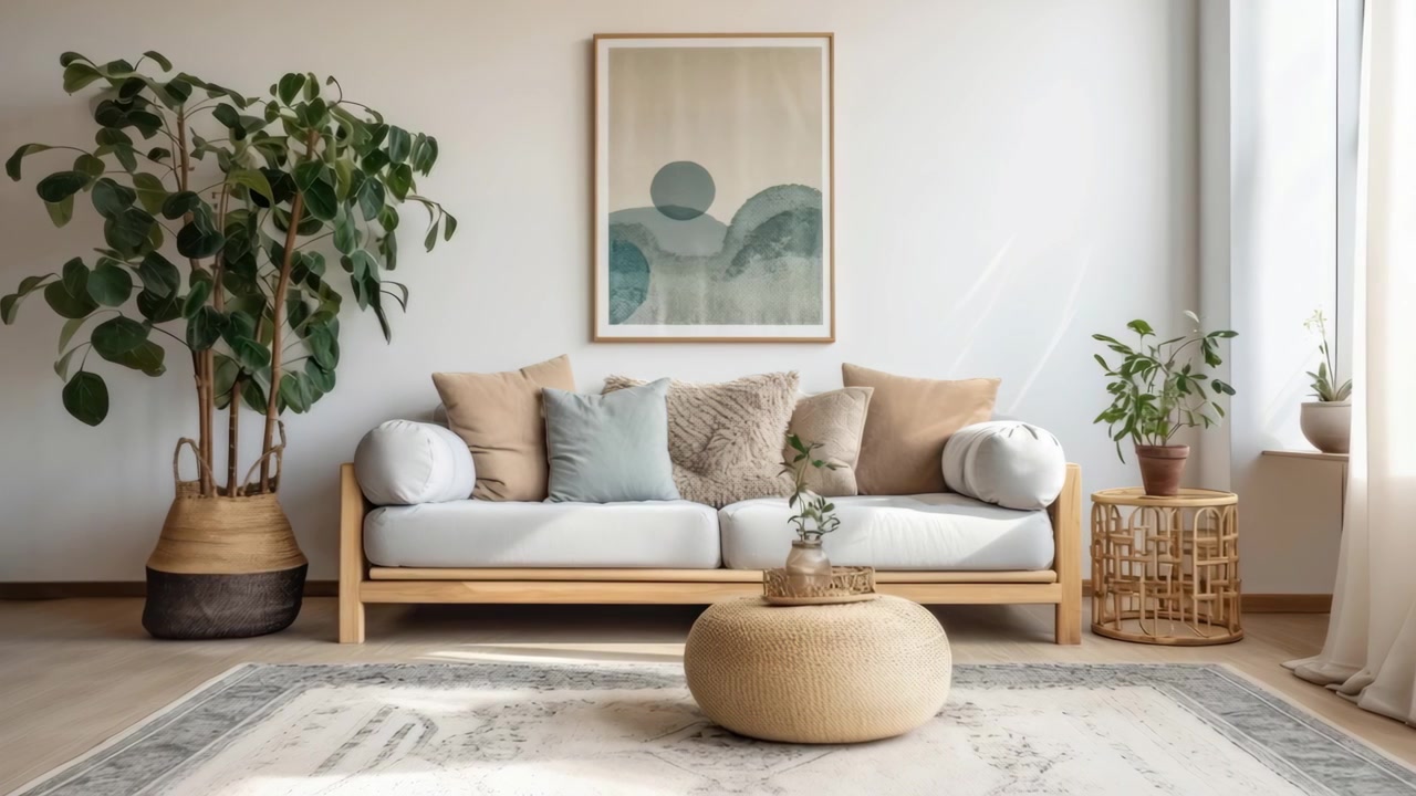 Interno di un soggiorno moderno con arredamento minimalista e luce naturale.