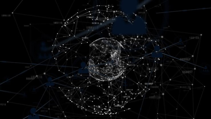 Animation of networks of connections with icons over globe on black background