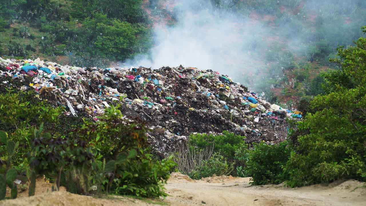 primer plano de un montón de basura humeante en un vertedero al aire libre en el medio de un bosque