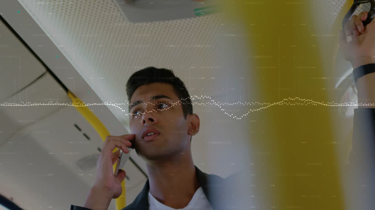 Male commuter with phone answering call on bus, steadying on rail while waveform animating near ear