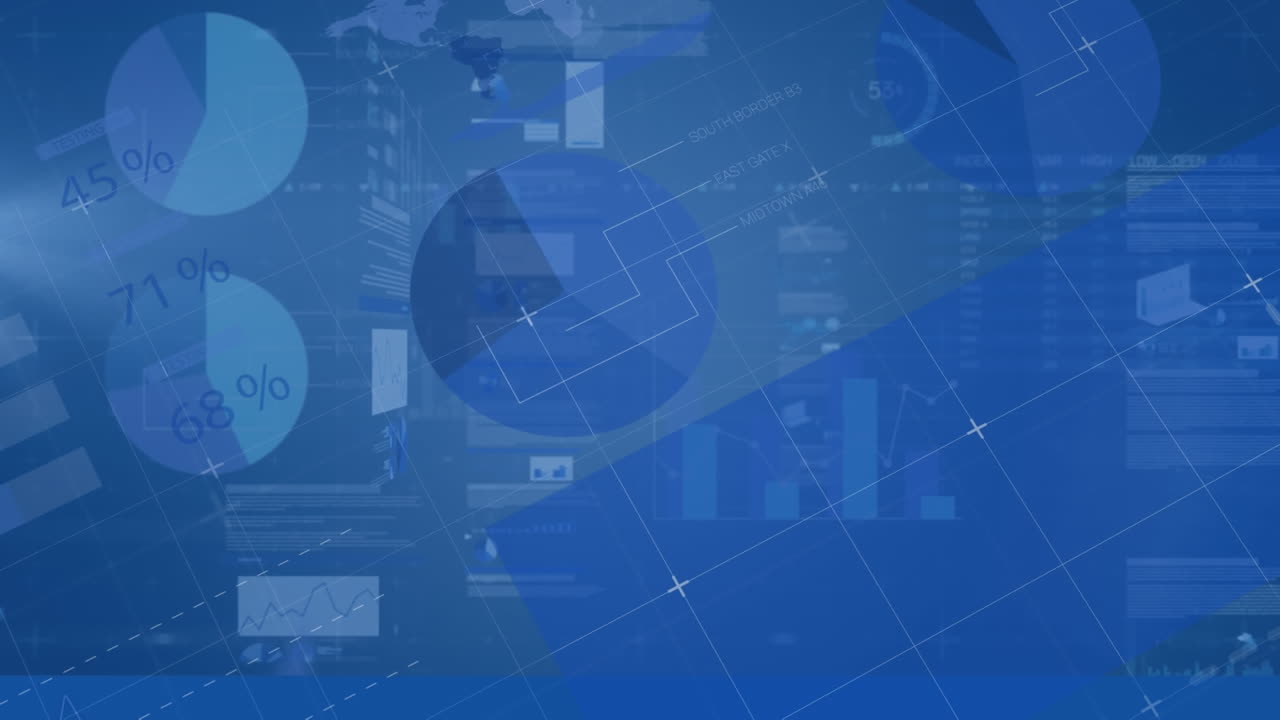 Animation of graphs over infographic interface against trading board in background