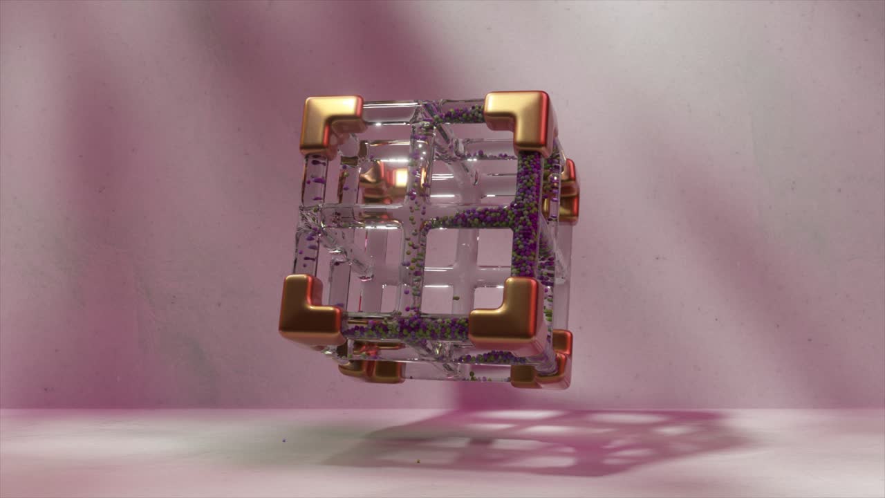 cubo de vidrio flotante con acentos y partículas de oro