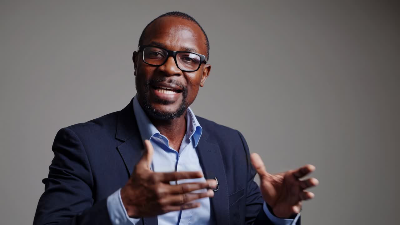 A mid-shot video of a man in a suit speaking, with a neutral background