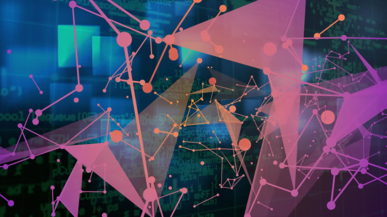 Animation of plexus networks and blue glowing sqaure shapes against black background
