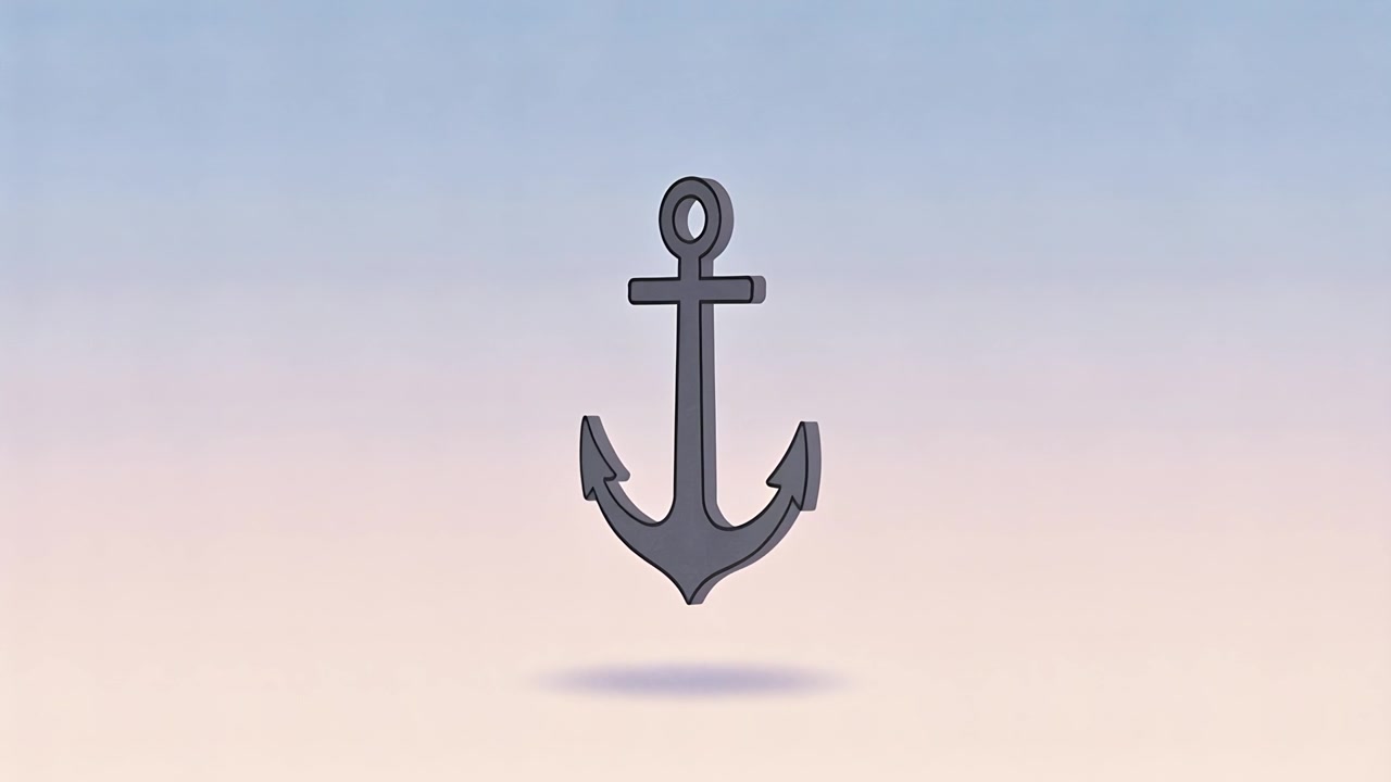 Animación de un ancla que gira y se balancea sobre una sombra en un fondo pastel, mostrando profundidad.
