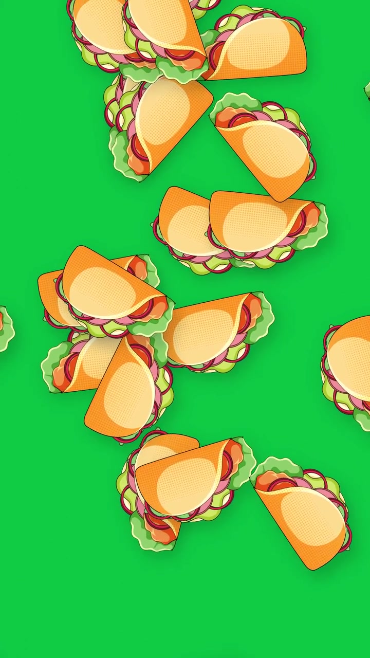 Tacos stilizzati a cartone animato cadono continuamente su uno sfondo verde brillante con orientamento verticale