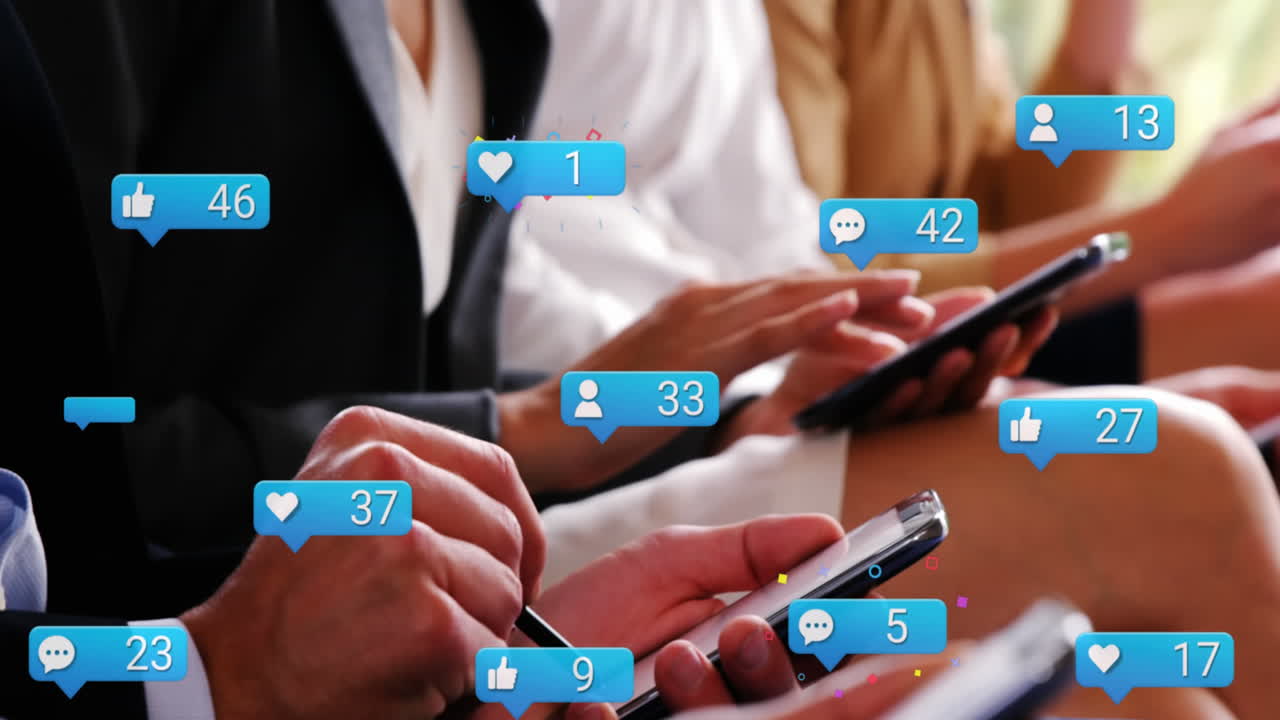 Animation of notification icons with increasing number over diverse colleagues using technology
