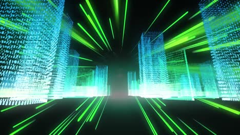 Animation-of-green-neon-light-trails-and-digital-city-over-black-background