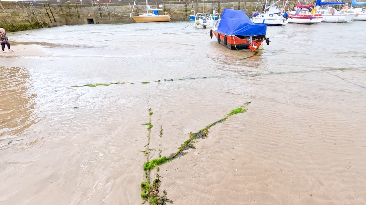Barca che si avvicina al molo nel porto di Fife, Scozia