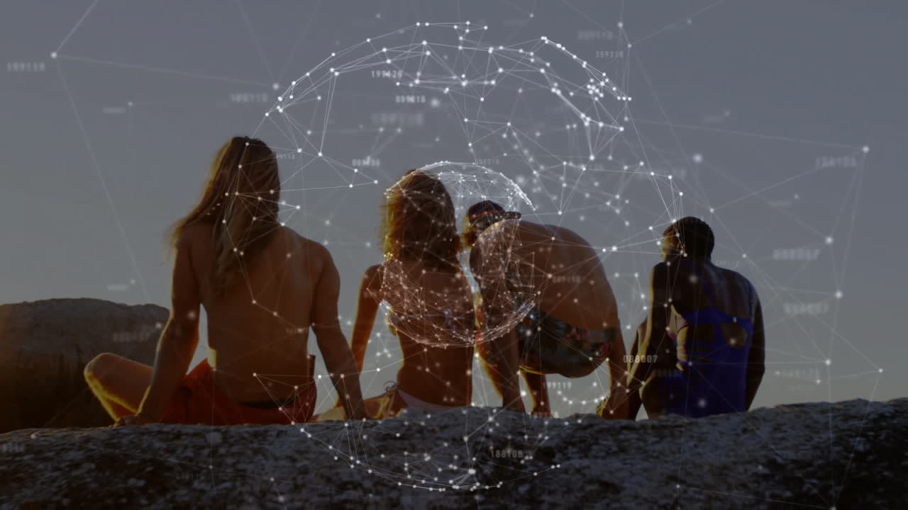 Network of connections and data processing animation over people sitting outdoors