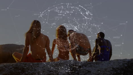 network of connections and data processing animation over people sitting outdoors