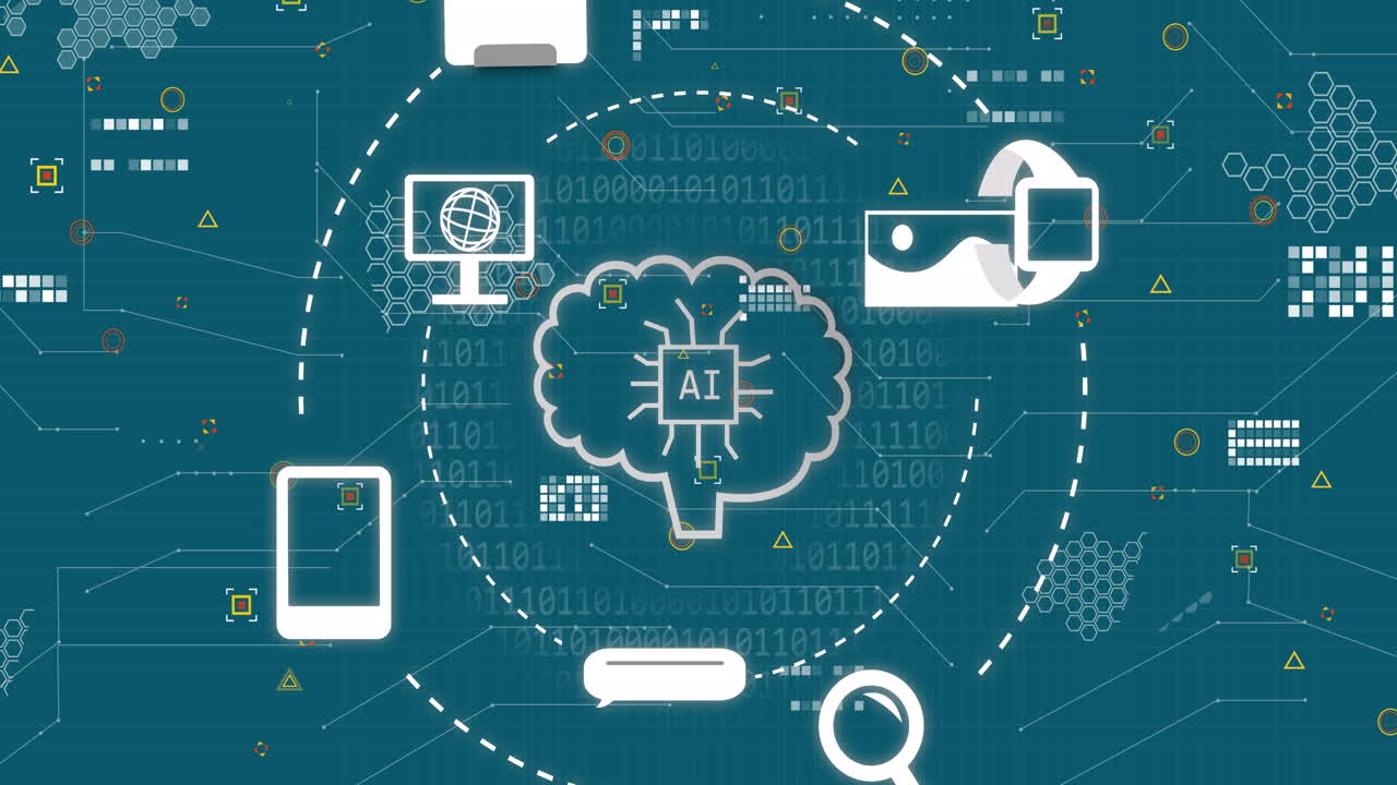 파란색 배경 위에서 ai 아이콘과 데이터 처리의 애니메이션