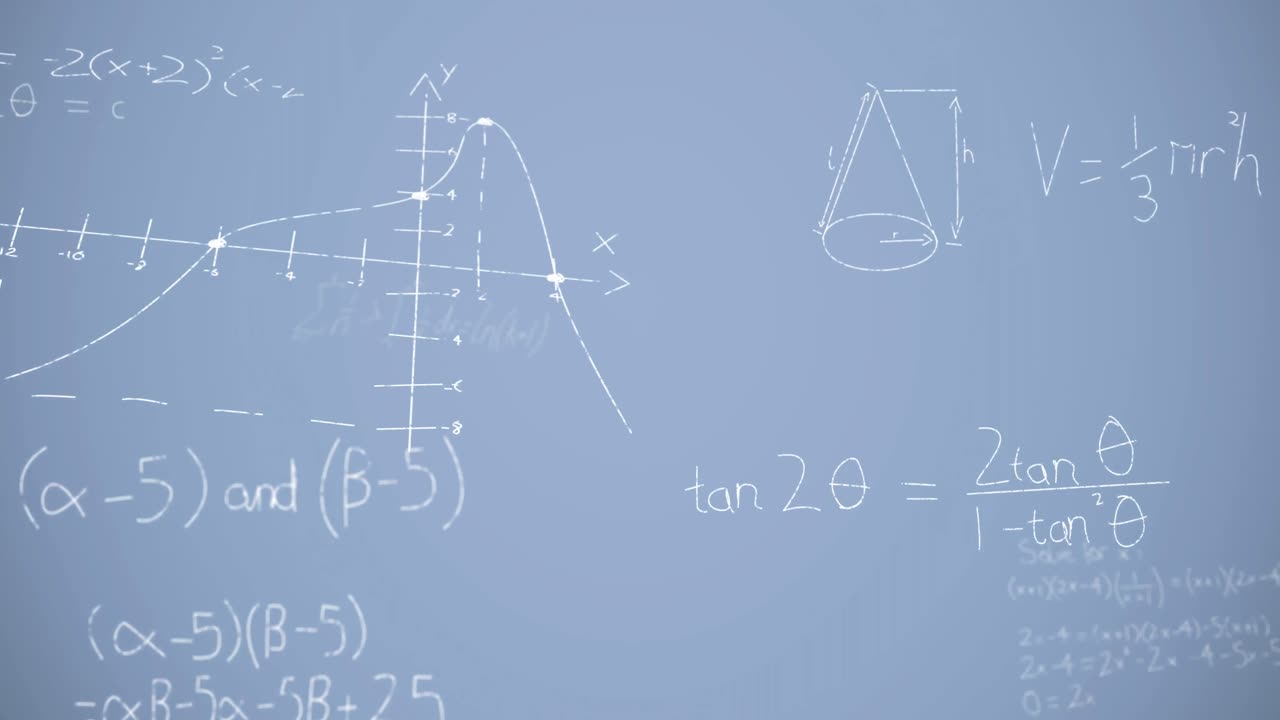 파란색 배경 위의 수학 방정식의 애니메이션