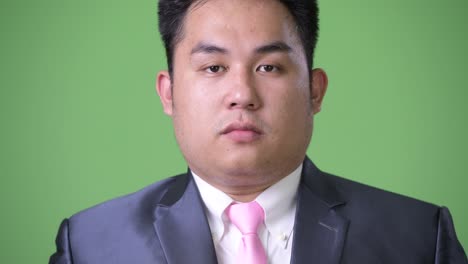 young handsome overweight asian businessman against green background