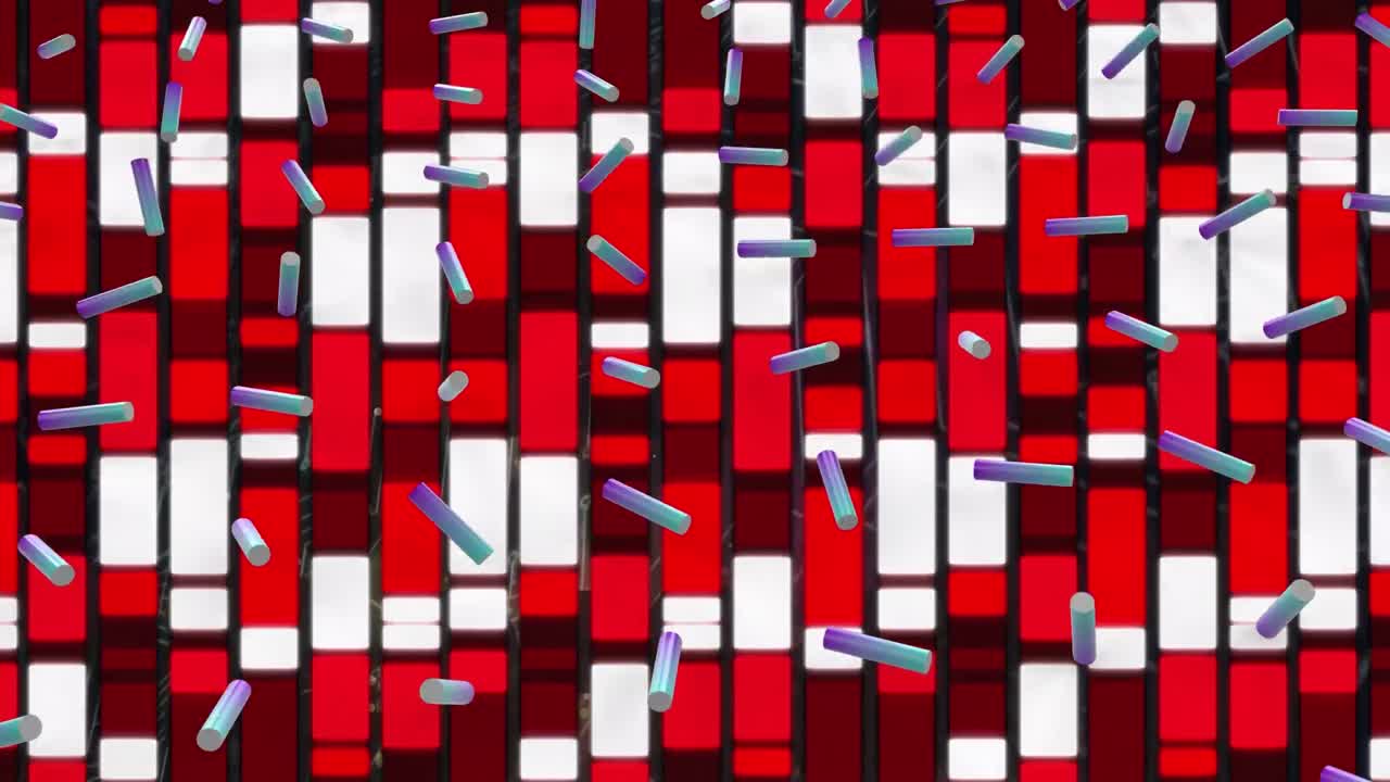 Animation of falling shapes over red geometrical shapes