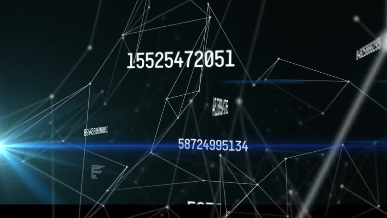 숫자가 바뀌고 연결 네트워크가 보라색 배경에 반 ⁇ 이는 빛을 통해 애니메이션