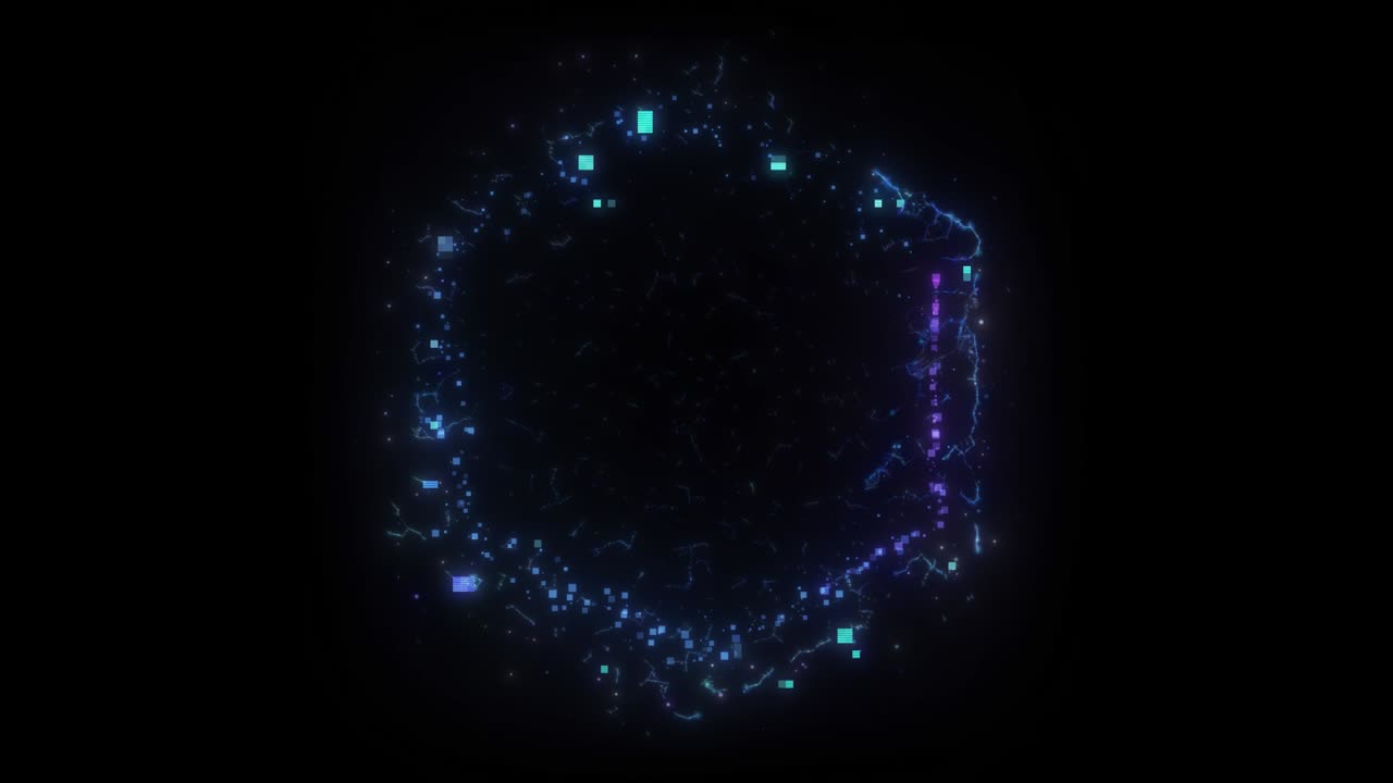 bucle sin costuras. animación de un portal hexagonal azul que consta de cuadrados glitched y coágulos de energía aislados en fondo negro con alfa luma mate
