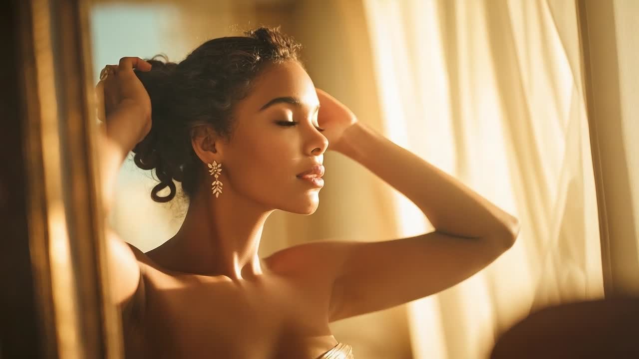 Donna che si sistema i capelli guardandosi allo specchio al tramonto