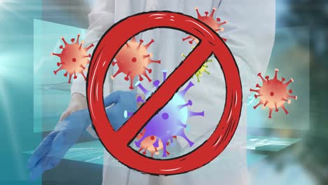 Animation-of-no-entry-sign-over-virus-cells-and-male-doctor-putting-gloves-on