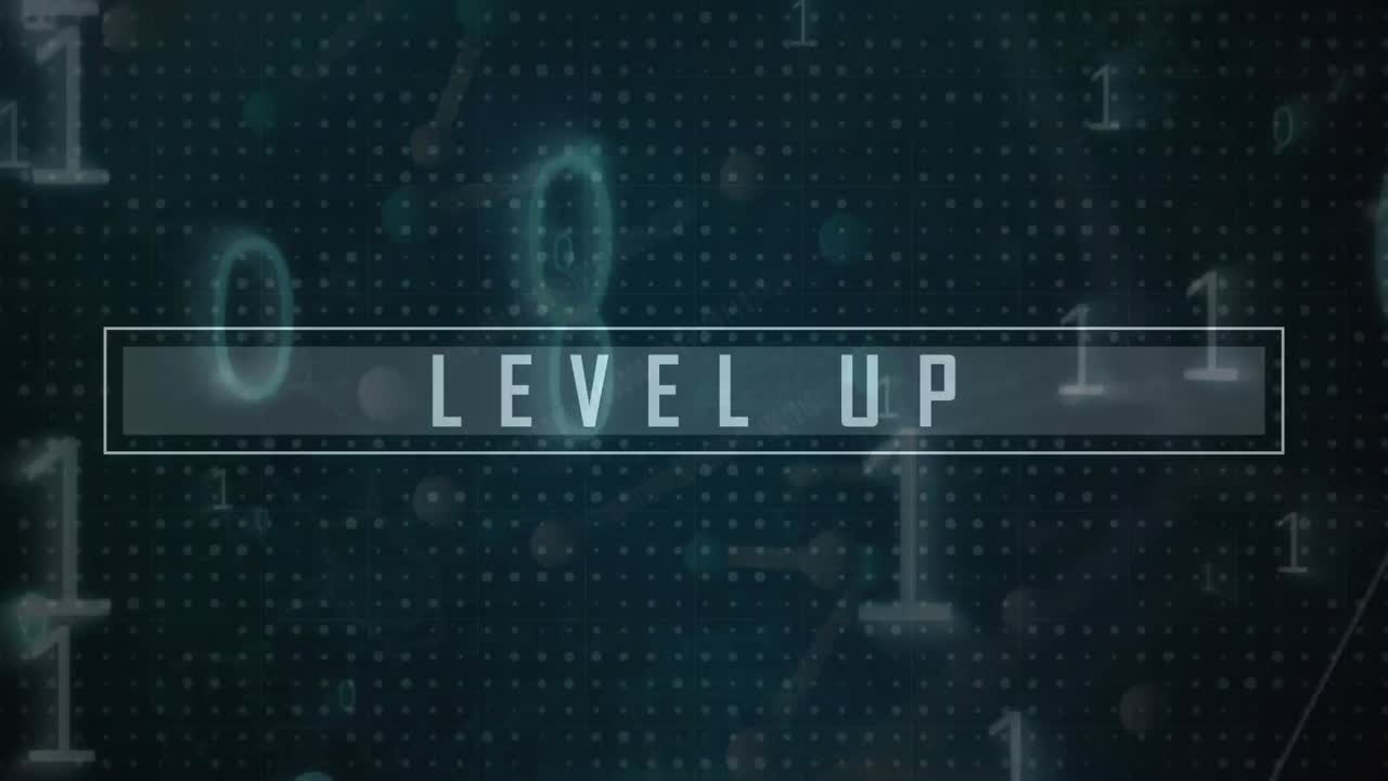 Animation of level up text, binary coding and data processing