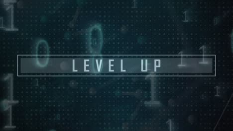 animation of level up text, binary coding and data processing