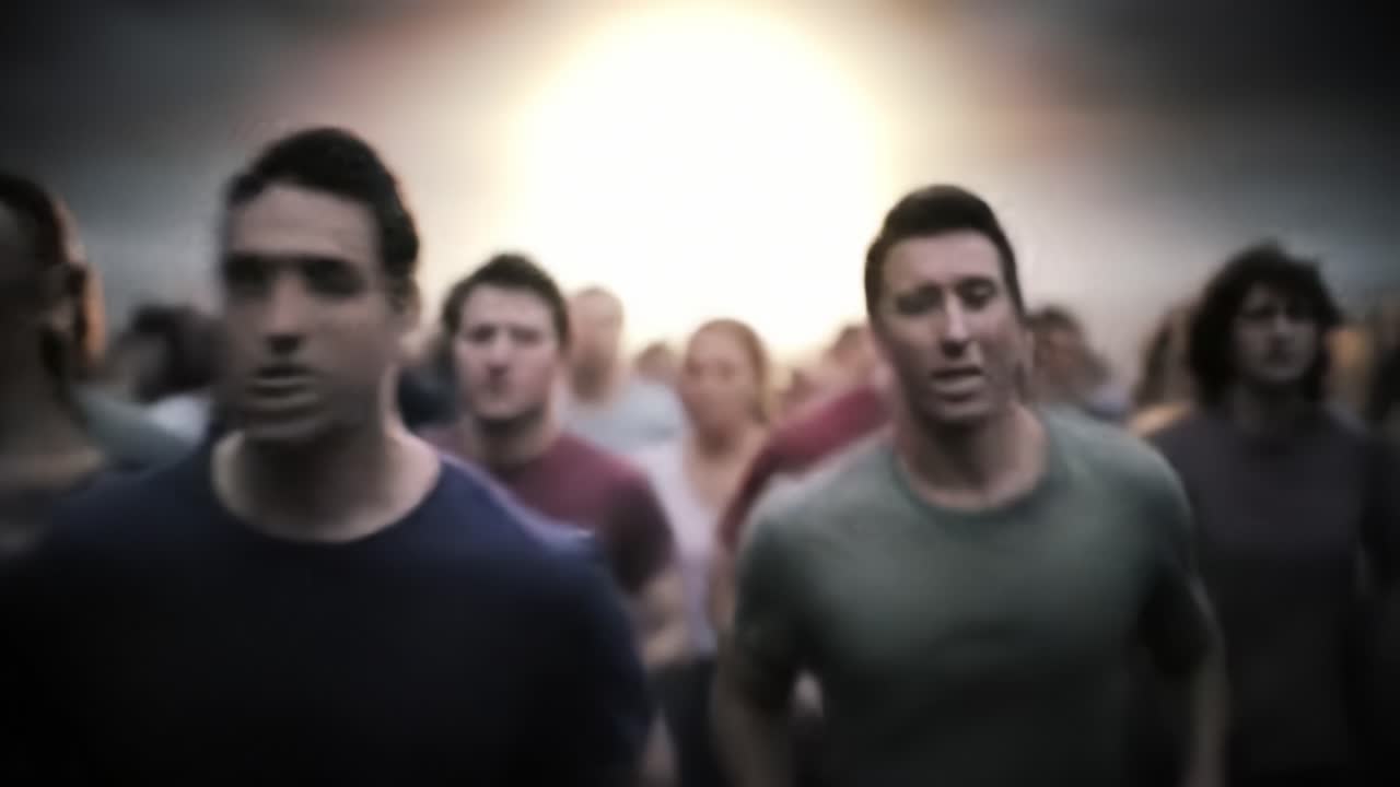 A Collective Movement: A Sea of People Running Towards a Bright Horizon Capturing the Essence of Unity and Determination in Motion