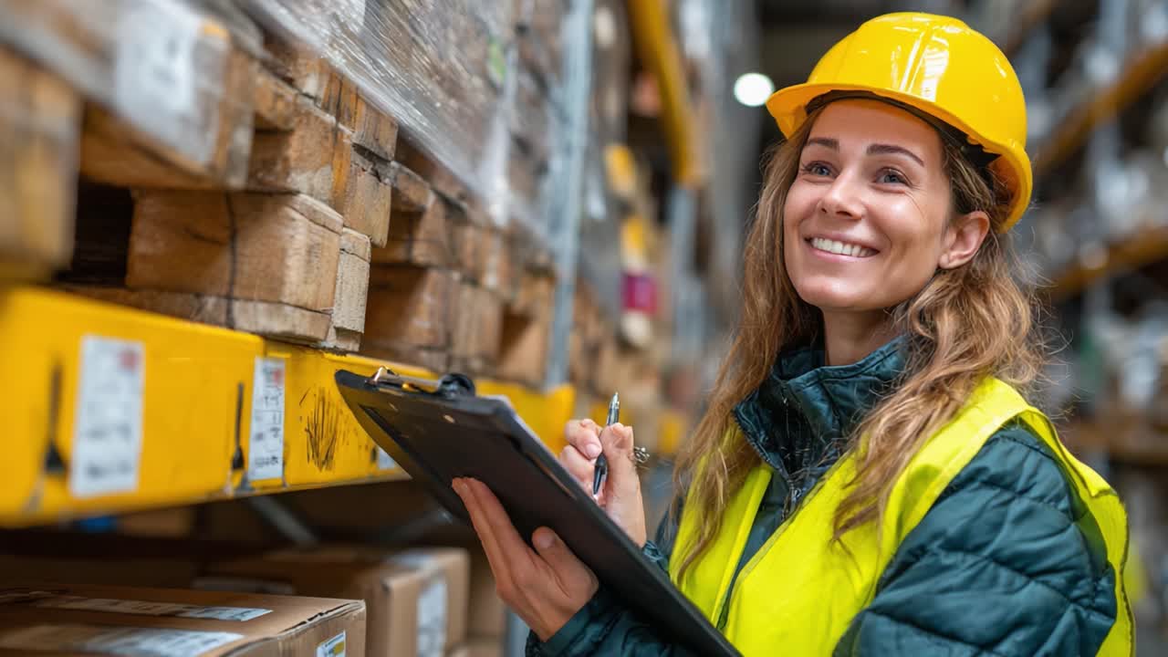 Smiling Worker in Safety Gear Efficiently Documenting Inventory in a Warehouse, Highlighting Productivity and Safety Compliance in a Dynamic Environment