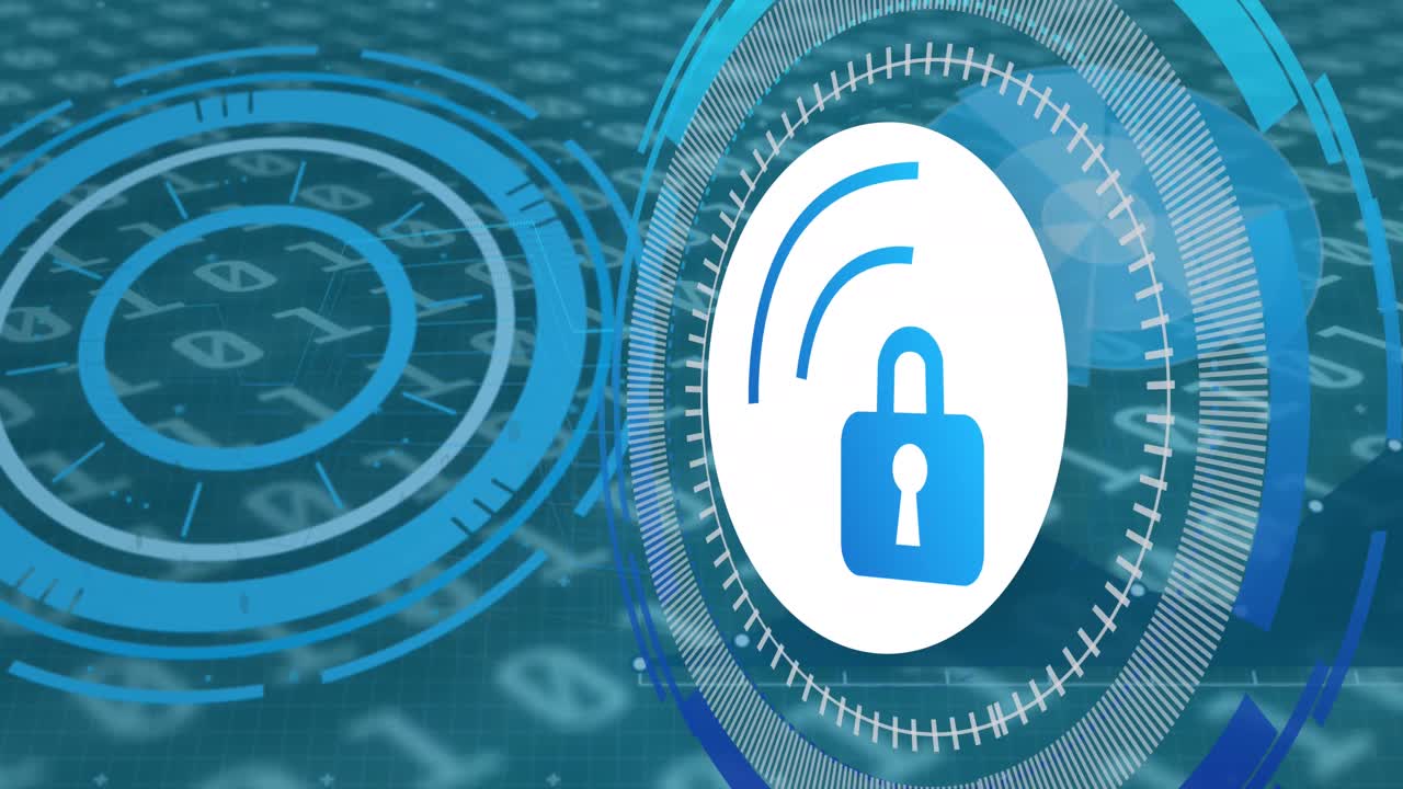 animación del procesamiento de datos con el icono del candado sobre fondo azul