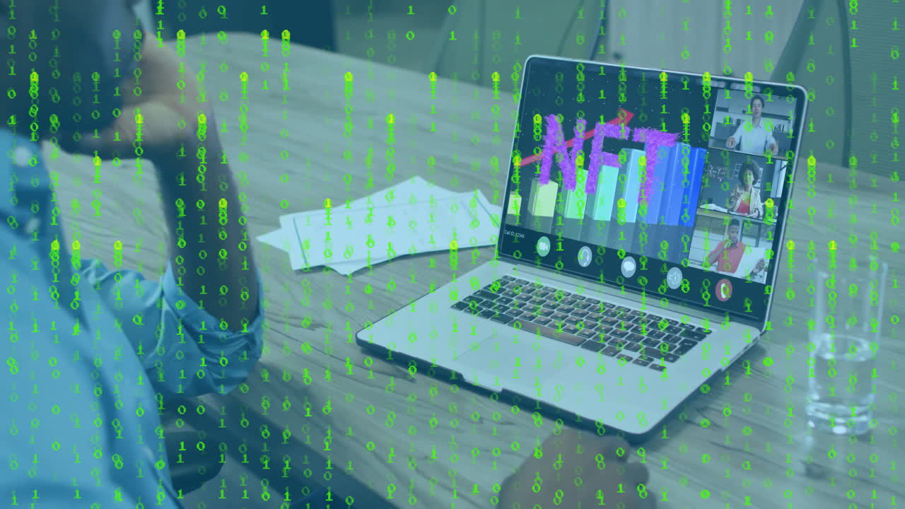 Man leaning over desk in tech meeting, analyzing NFT chart on laptop under floating binary code