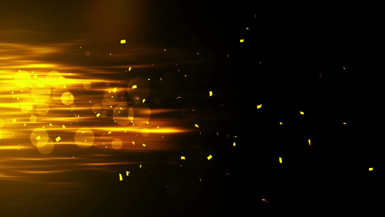 confeti dorado brillante que cae. brillo festivo de color dorado. luces bokeh en fondo negro. diseño de ondas brillantes. animación de bucle. espacio de copia para el texto.