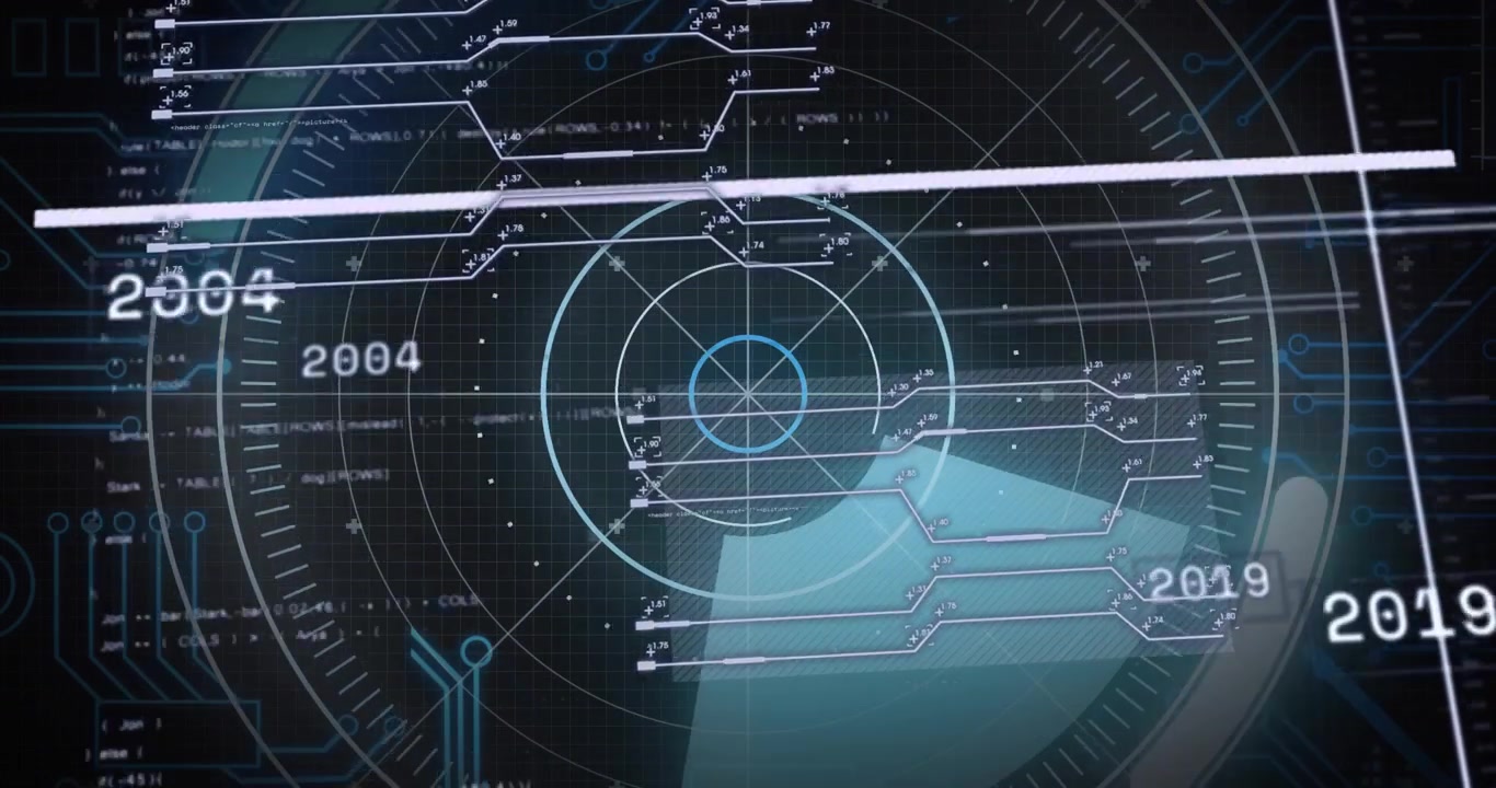 Teal wedge initiating timeline sweep, radar HUD rotating and scanning while years sliding to 2013