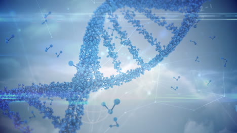 animación digital de adn y estructuras moleculares a través de una red de conexiones contra nubes en el cielo