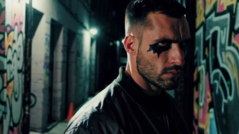 urban night portrait of a man with dark makeup