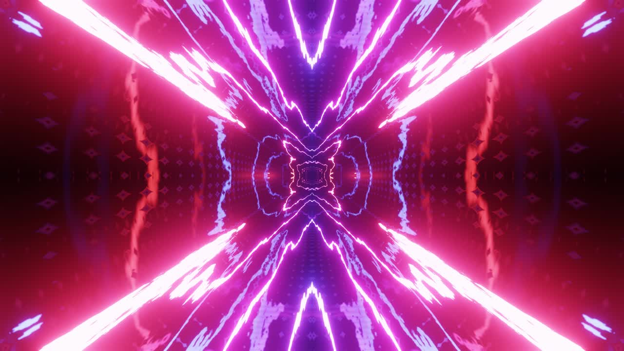 diseño de movimiento de bucle de fondo con luz de neón brillante. abstracto bg construcción brillante simétrica 3d. estructuras técnicas luminosas misteriosas. club nocturno vj. hi tech ciencia ficción tecnología moderna bg