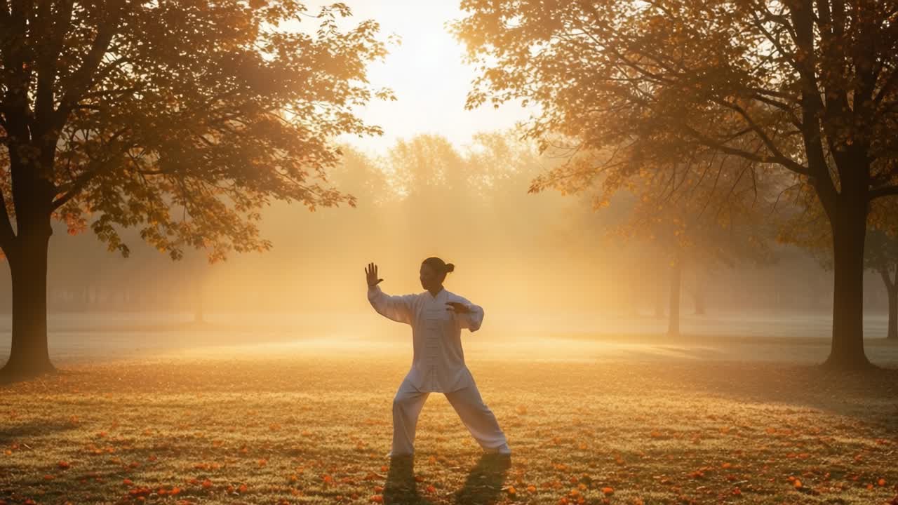 En fredfyldt morgen, der roligt forstærkes af Tai Chi-praksis midt i et tåget efterårslandskab fyldt med gyldent lys og naturens skønhed.