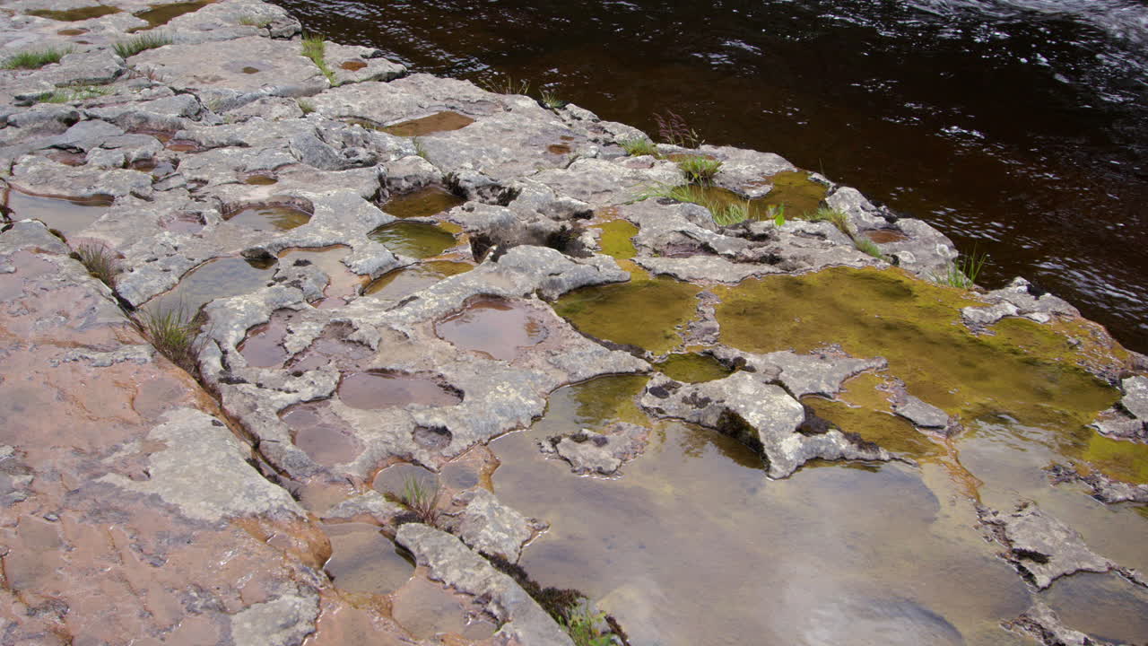 wide shot of Swiss cheese limestone effect on the the river ure at the lower falls at Aysgarth falls, Yorkshire dales