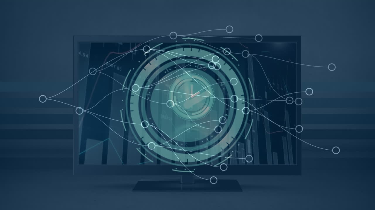 animación de la red de conexiones y movimiento del reloj sobre el gráfico en la pantalla de la tv