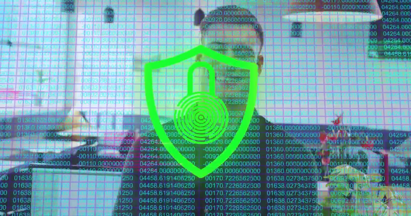 IT pro monitoring scrolling grid starting fingerprint pulsing and shield cycling green-red security
