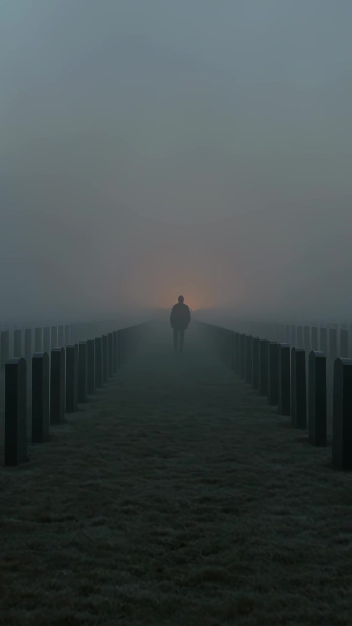Vertical video: Walking single adult drawn toward warm light along foggy pier, in dark coat, posts