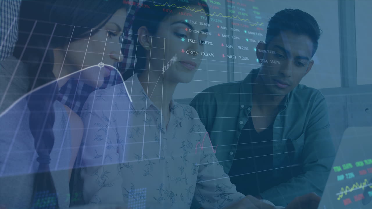 Animation of financial data processing and stock market over diverse business people in office