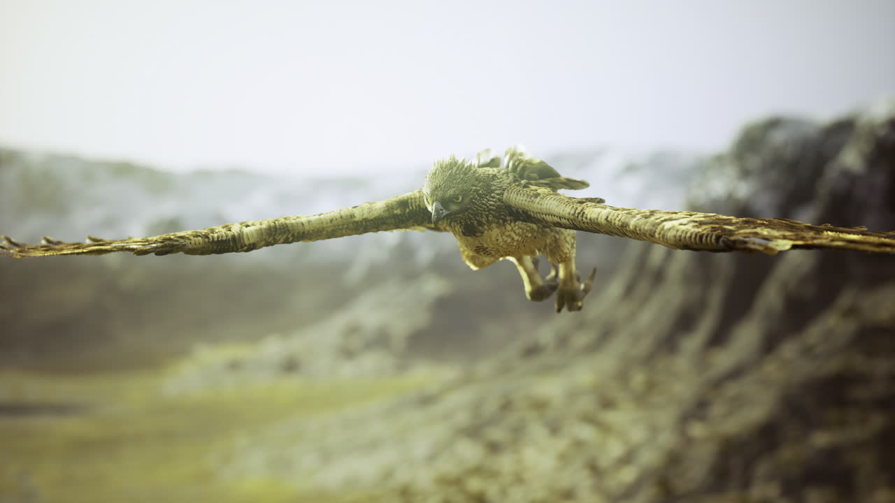 Majestic bird of prey soaring over rugged mountainous landscape during daylight