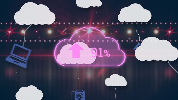 Animation of digital clouds with electronic devices and numbers growing over spotlights