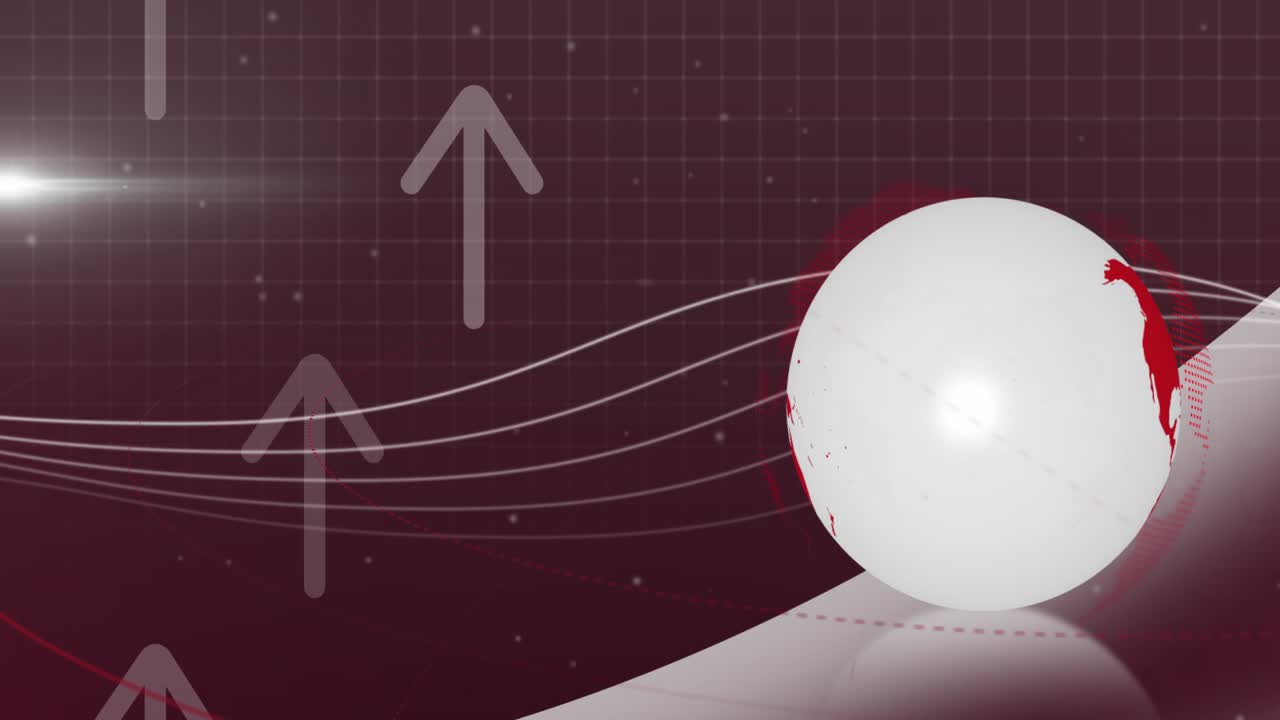 Animation of spinning globe and arrow icons moving upwards against grey background with copy space