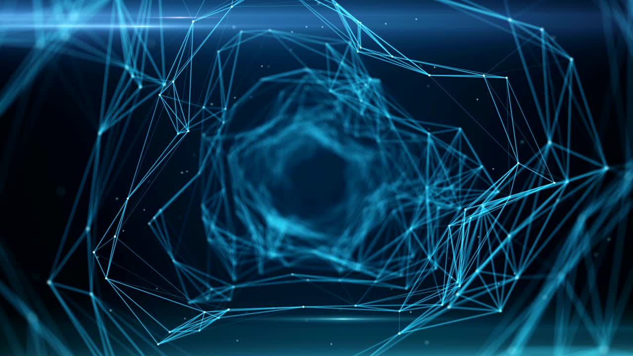 vuelo sin problemas a través de un túnel de datos digitales formado por nodos digitales y rutas de conexión