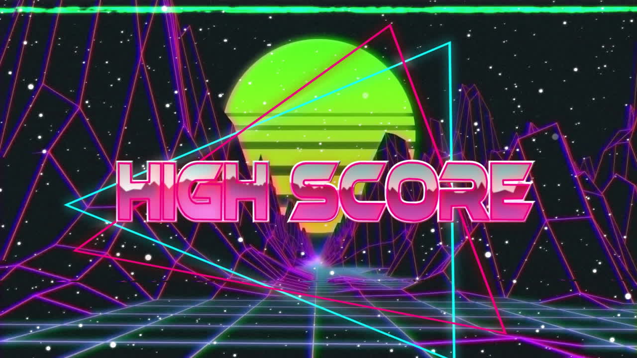 네온 그리드 위의 높은 점수 텍스트 애니메이션과 별 바탕의 기하학적 모양