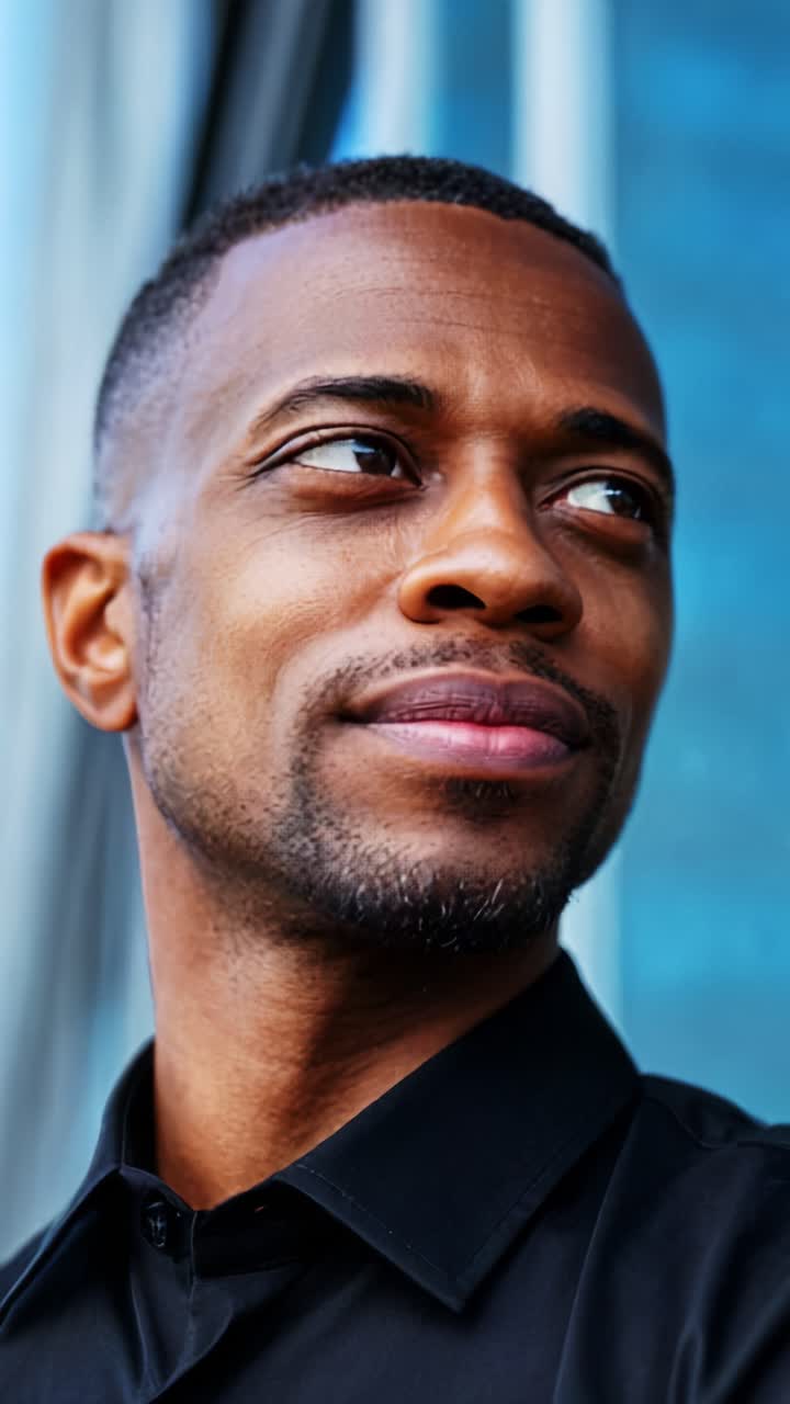 Contemplative Man in Black Shirt with Professional Appearance Displaying Confidence and Thoughtfulness Against a Blurred Background in Urban Setting