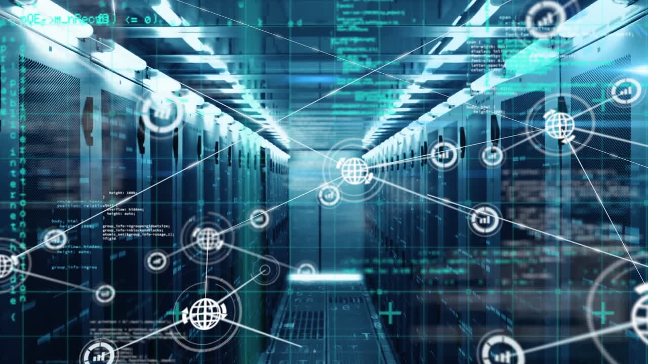 Animation of network of connections with icons over computer servers