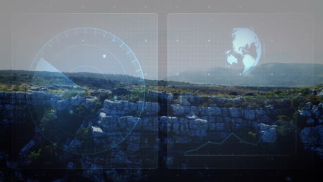 rocky plateau landscape unfolding under translucent hud grid panels and rotating holographic globe