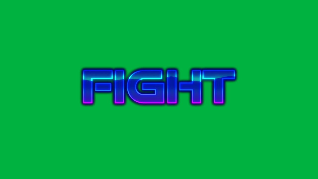 Schermo nero che mostra "FIGHT" al centro, che emerge, sfarfalla, si stabilizza, mostrando neon su sfondo trasparente.